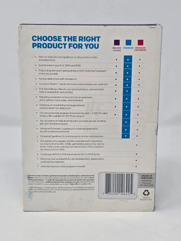 H&R Premium Self Employed/Rental 2018 Tax Software Fed/State Turbo Schedule - Image 2 of 3