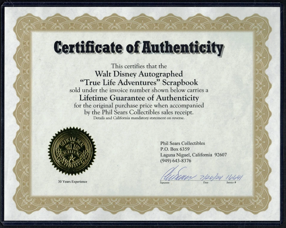 Подписанный Уолтом Диснеем 6x8 ОГРОМНЫЙ автограф с сертификатом Фила Сирса PSA Jumbo 10x13 плита - Изображение 4 из 4