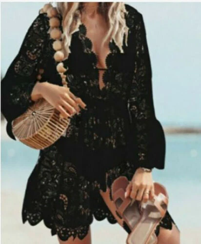 Terno de banho de renda cobertura boho praia feminino maxi biquíni vestido de verão EUA - Imagem 4 de 4