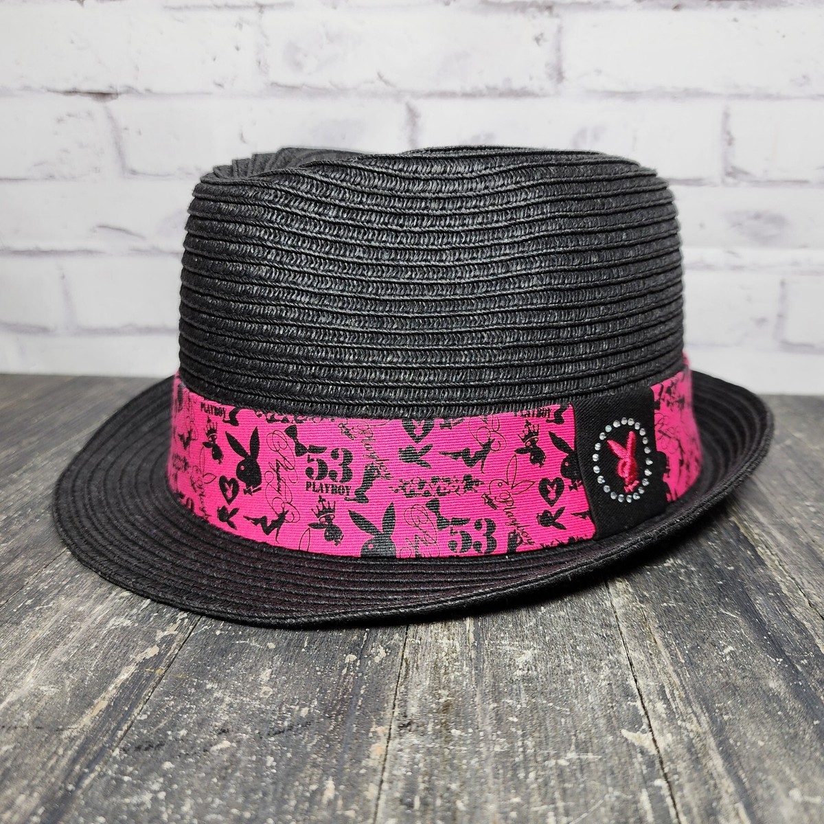 Size L/XL - Playboy Vintage Y2K Fedora Straw Hat Pink 