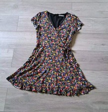 Oasis Black Floral Mock Wrap Dress Side Tie Flared Holiday Occasion Smart UK8