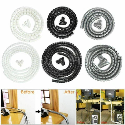 BENROSS 2 x 2m GREY Cable Tidy Kit PC TV Wire Organising Wrap Tool Spiral Office Home