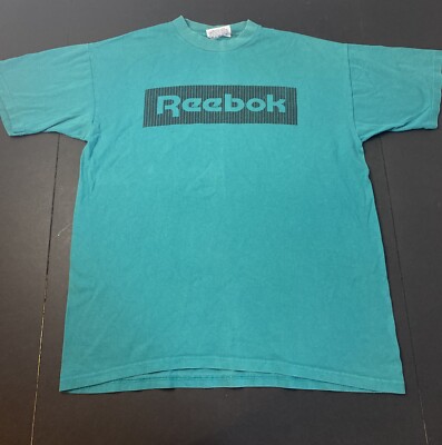 Reebok T-Shirt Vintage Teal 2sided Logo M 90s Cotton Made USA Spellout A30
