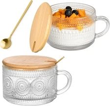 Vintage Glass Coffee Mugs 2 Set, 14oz Overnight Oats Containers with Bamboo Lids