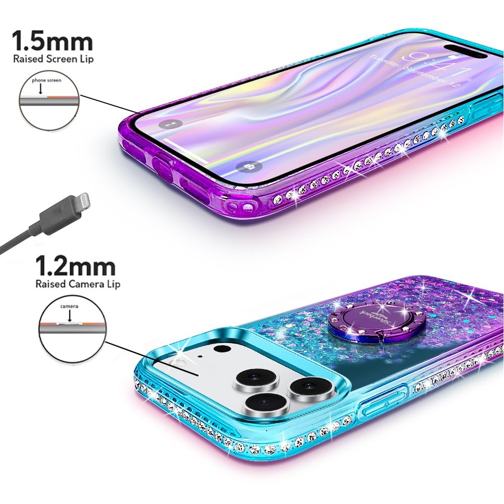 Coque iPhone 17 Pro pailletée antichoc avec bague de support horizontal réglable