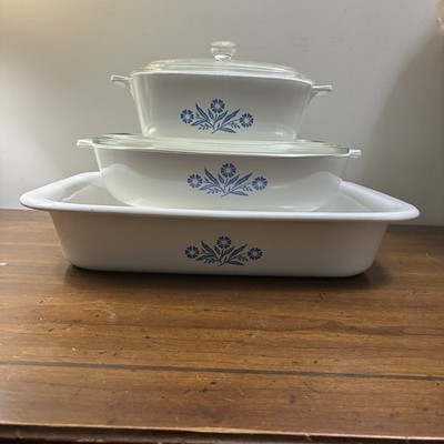 3 Vintage Corningware Blue Cornflower Dishes Lasagna Casserole With Lids