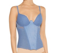 La Perla Greta 36B L Bustier Thong Panty Set Stretch Satin Tulle Blue