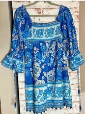 Farm Rio Dress Blue and White Cotton Linen Midi Dress Size M