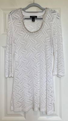 WHBM White Crochet Mini Dress Size S Embellished Scoop Neck Long Sleeves Slits