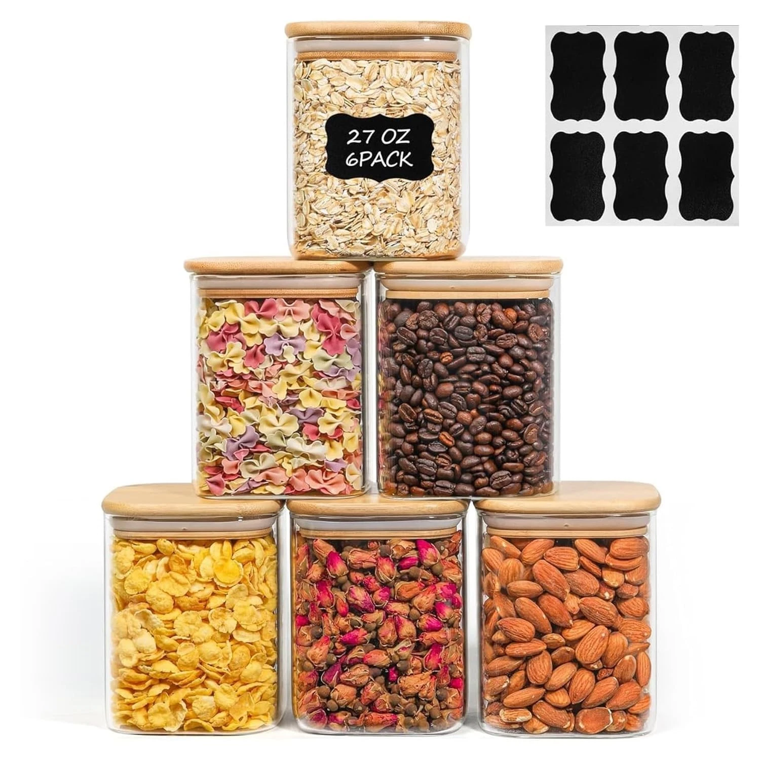 0.8 Qt Glass Food Storage Jars Set of 6, Clear Storage Containers with Airtig...