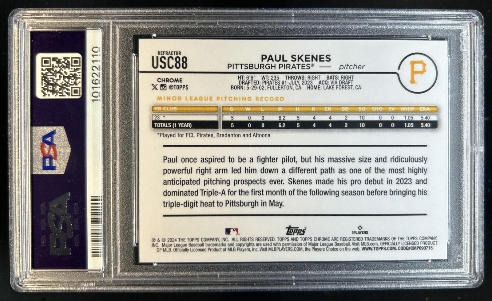2024 Topps Chrome Update Paul Skenes Refractor Rookie RC #USC88 Pirates PSA 10 view 2