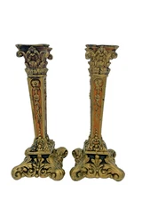 Antique Cast Metal Candlestick Pair Gold Art Nouveau Baroque Style 7.5" T