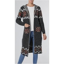 4859 Western Aztec Tribal Long Duster Gray Multicolor Knit Hooded Cardigan Small