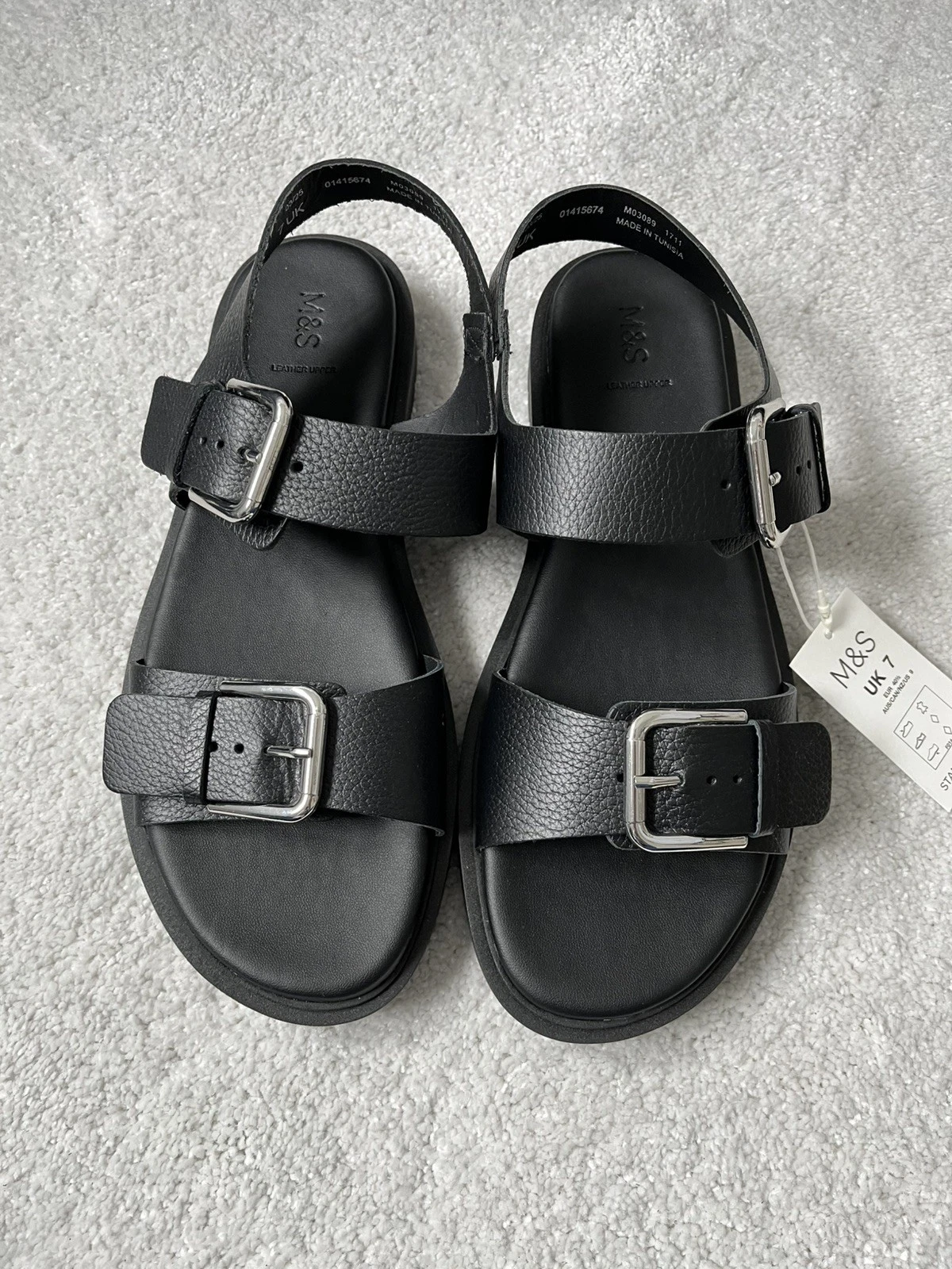 M&S Black Leather silver Buckle Ankle Strap Flatform Sandals black UK 7 Chunky
Opens in a new window