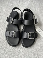 M&S Black Leather silver Buckle Ankle Strap Flatform Sandals black UK 7 Chunky 