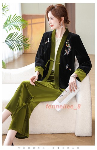 2PCS Women Chinese Embroidery Velvet Jacket V-neck Ethnic Cardigan Coat Trousers - Picture 11 of 18