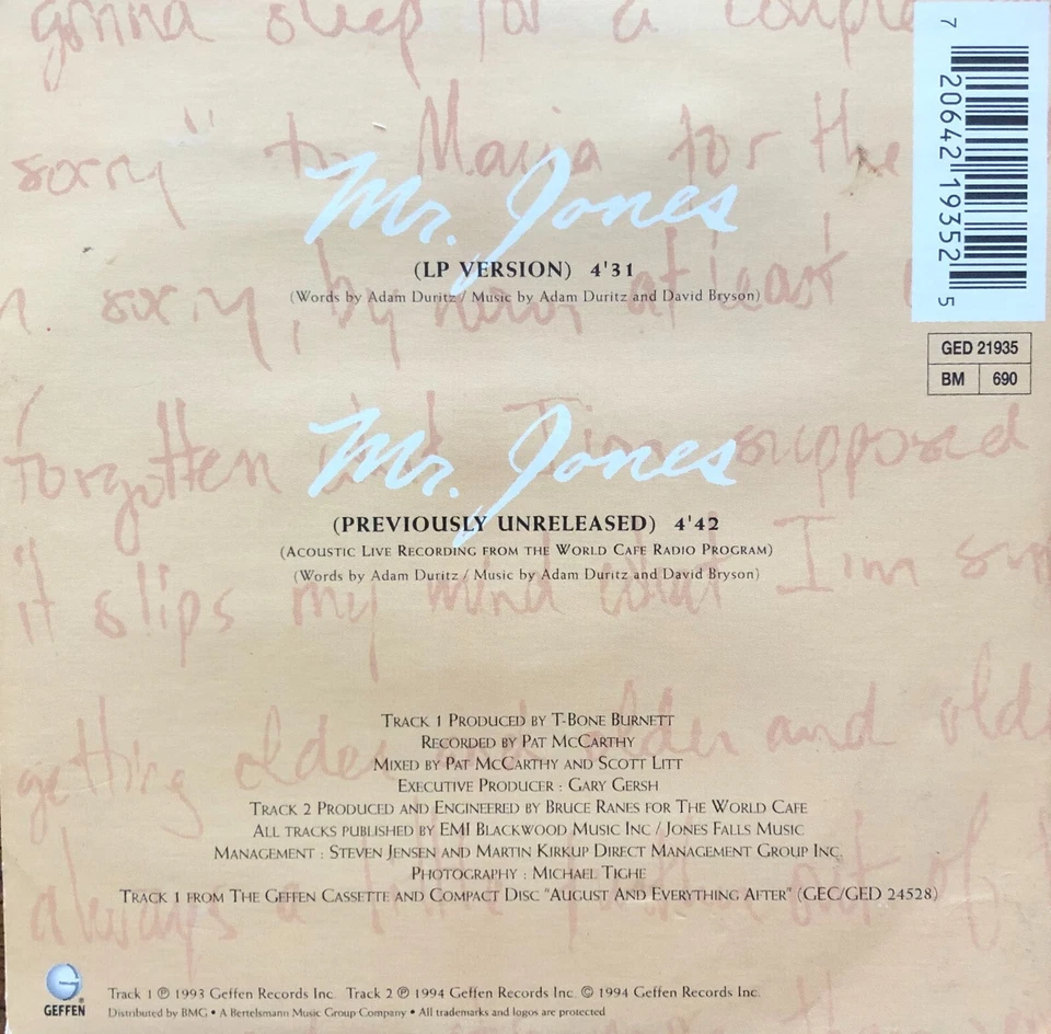 COUNTING CROWS MR JONES 2 TRACKS SINGLE CARD SLEEVE B7 - Image 2 of 3