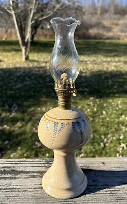 Vintage Pottery Pedestal Oil Lamp Hurricane Studio Art Blown Globe