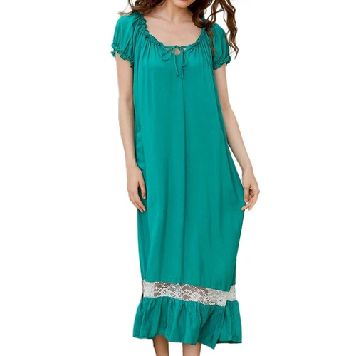 Camisón de mujer princesa manga corta cuello cuadrado algodón suave vestido largo para dormir - Imagen 8 de 34