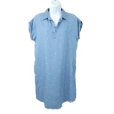 Thread Supply Tab Sleeve Chambray Raw Hem Dress Womens Size S Blue Short Sleeve