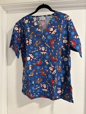 UA Scrubs Womens Scrub Top Size Small Blue Christmas Santa Snowflakes