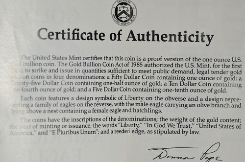 1987 W $50 US Proof One Ounce Gold American Eagle Certificate - COA Only - Picture 3 of 4