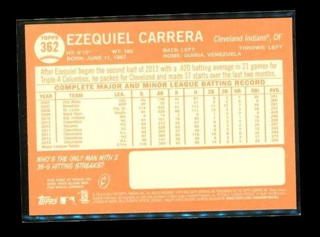 2013 TOPPS HERITAGE Baseball Card #362 EZEQUIEL CARRERA Cleveland Indians - Image 2 of 2