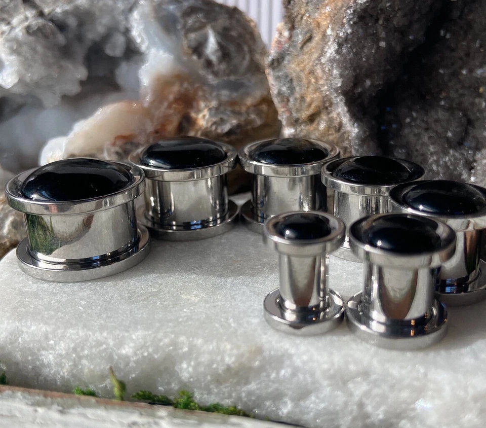 PAR Cúpula de Piedra de Ónix Acero Tornillo Ajuste Túneles Medidores Tapones Joyería Corporal Foto 3 de 4