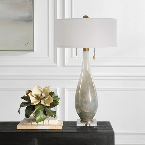 Elegant Smoky Bronze White Art Glass Table Lamp 32 in Tall Pull Chain Gray Brass - Picture 3 of 7