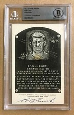 Edd Roush Signed Autographed HOF Plaque Postcard Beckett Ex Condition