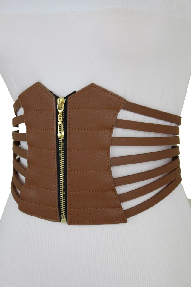 Novo Cinto Feminino Largo Elástico Cintura Alta Marrom Espartilho Dourado Zíper Ajuste Tamanho G GG - Imagem 2 de 4