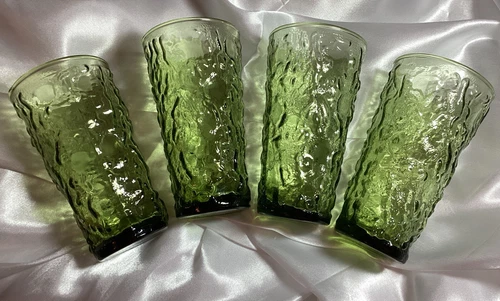 Vintage MCM Anchor Hocking Green Milano Lido Textured Tumblers – Set of 4 – 5.5"