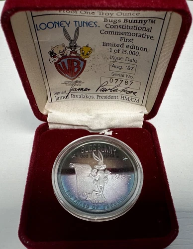 1987 Highland Mint 1ozt Silver Looney Tunes Ltd Ed Bugs Bunny TONED ✪COINGIANTS✪