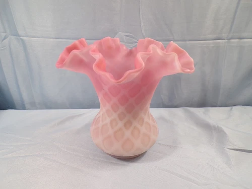 Fenton Satin Cranberry Opalescent Glass Diamond Optic Ruffled Vase 6 1/4" Tall