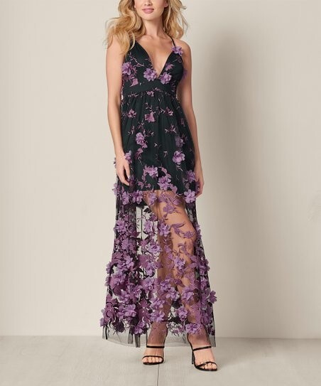Venus Lavender Black Floral 3-D Applique Mesh Layered Maxi Dress Size