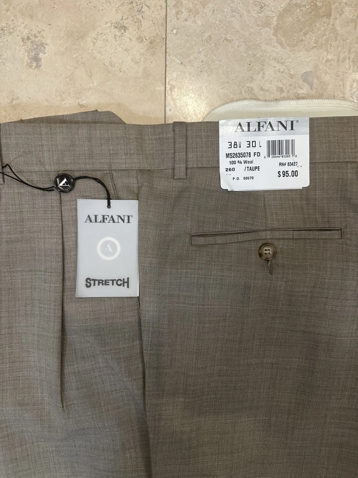 Pantalón de vestir clásico ALFANI PARA HOMBRE 38 W X 30 L 100 % lana color topo NUEVO CON ETIQUETAS NUEVO Foto 2 de 4