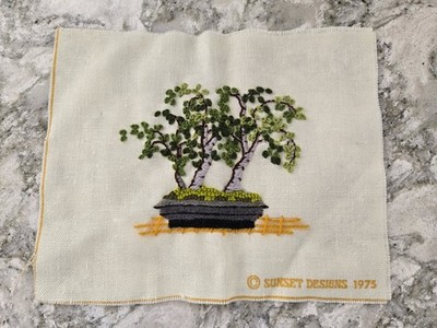 Completed Vintage Sunset Designs 1975 Bonsai Tree Needlepoint Crewel Embroidery
