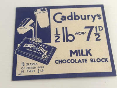 Original Vintage c1930s Cadbury Milk Chocolate Bar Advertisement Card Price Sign
