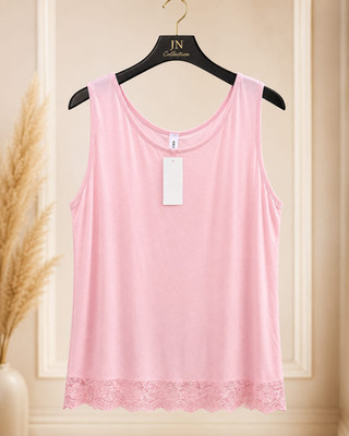 Damen Longtop Tunika Rosa Pink Spitze Ärmellos Stretch Übergröße Lagenlook Boho