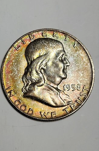 1958 D Franklin Half Dollar 50c Unc Details Great Toning! Silver!