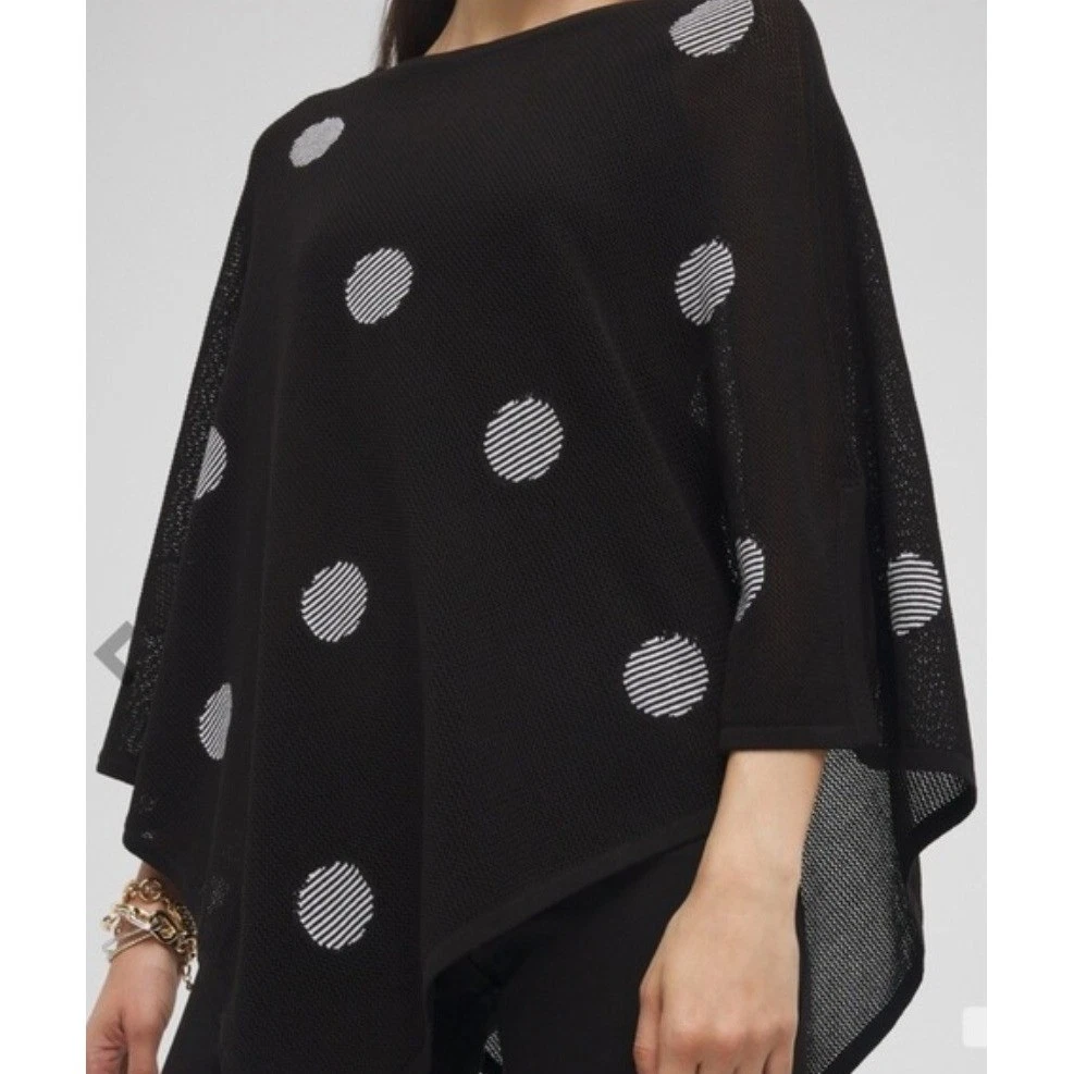 Chicos Womens S/M Black White Polka Dot Open Knit Poncho Sweater Asymmetrical
