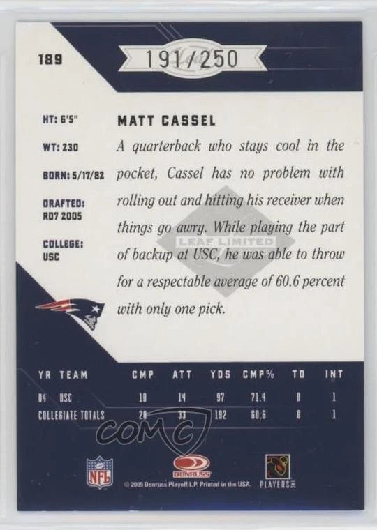 2005 Leaf Limited Rookie /250 Matt Cassel #189 Rookie RC - Image 2 of 2
