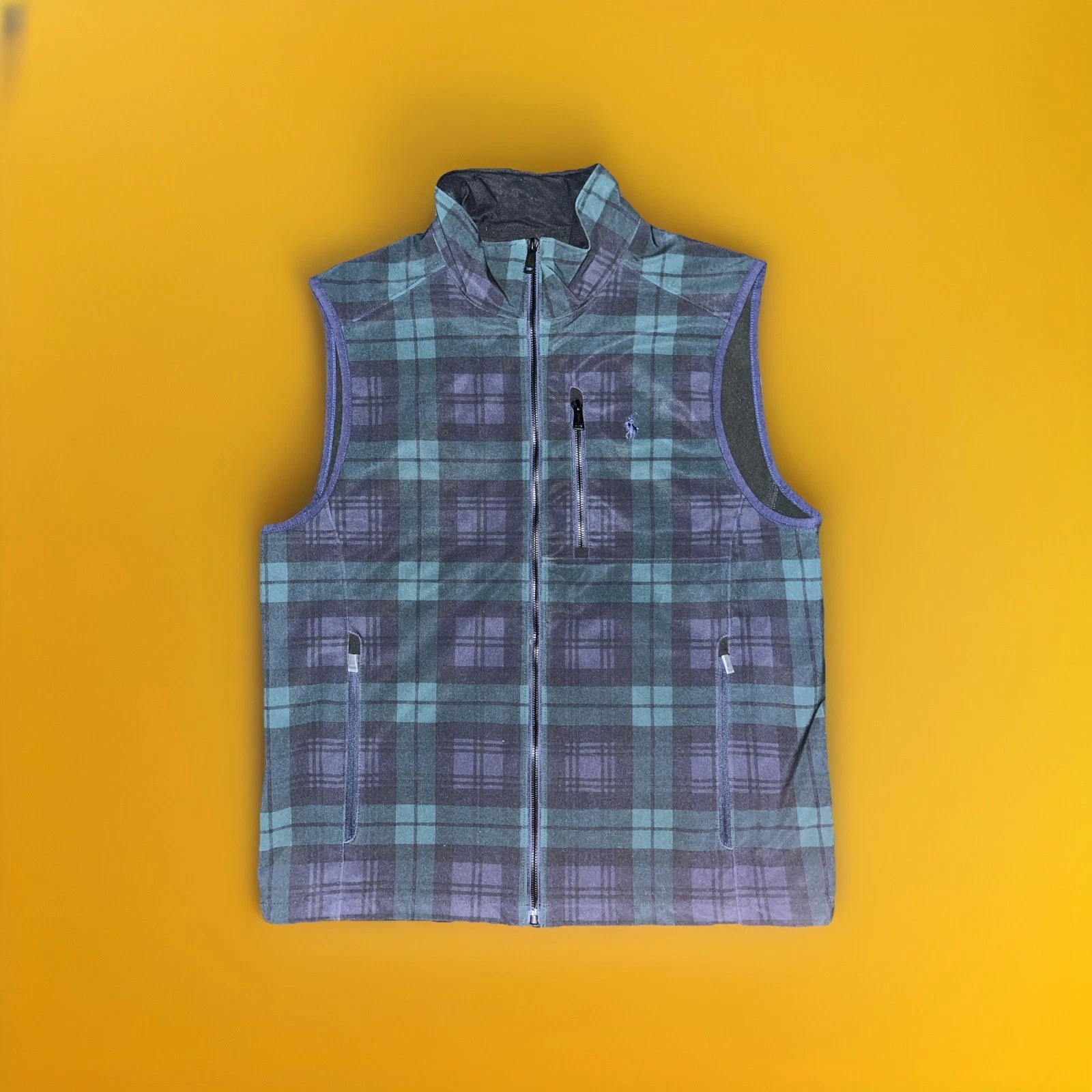 Polo Ralph Lauren Mens Large Performance Softshell Plaid Vest Zip Blue Green NEW