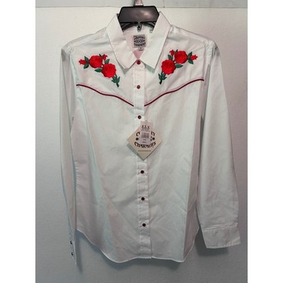 Ely Country Charmers Womens White Western Rose Embroidered Pearl Snap Shirt Sz S