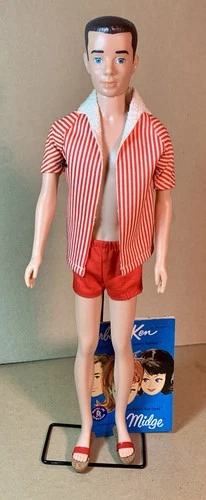 Vintage Mattel Ken Doll Painted Hair ~ Trunks, Jacket, Sandals, Stand, Booklet