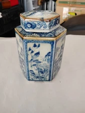 Oriental Porcelain Tea Caddy Jar Toscany Collection Japan Asian Blue Hexagon