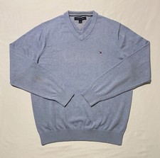Tommy Hilfiger Small Flag Logo Blue V-Neck Men's Sweater 100 Cotton Size L
