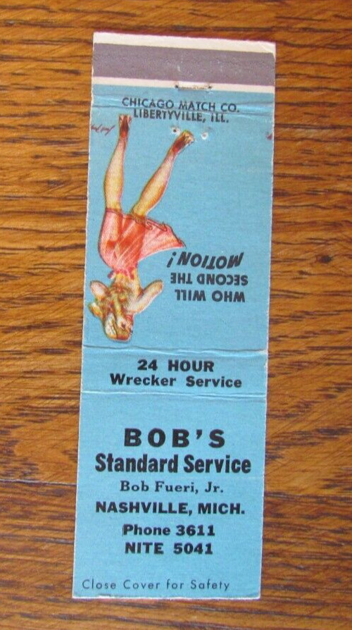 BOB'S STANDARD GAS STATION MATCHBOOK COVER: NASHVILLE, MI GIRLIE MATCHCOVER -B22