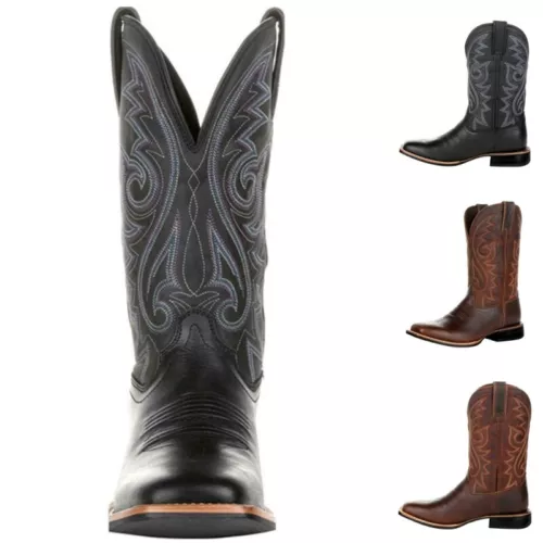 Cowboy Boots Faux Leather Winter Shoes Retro Men Women Boots Embroidered Western - Picture 5 of 19