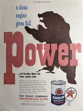 1949 Texaco Motor Oil Havoline Power Bear Engine Clean Performance VTG Print Ad